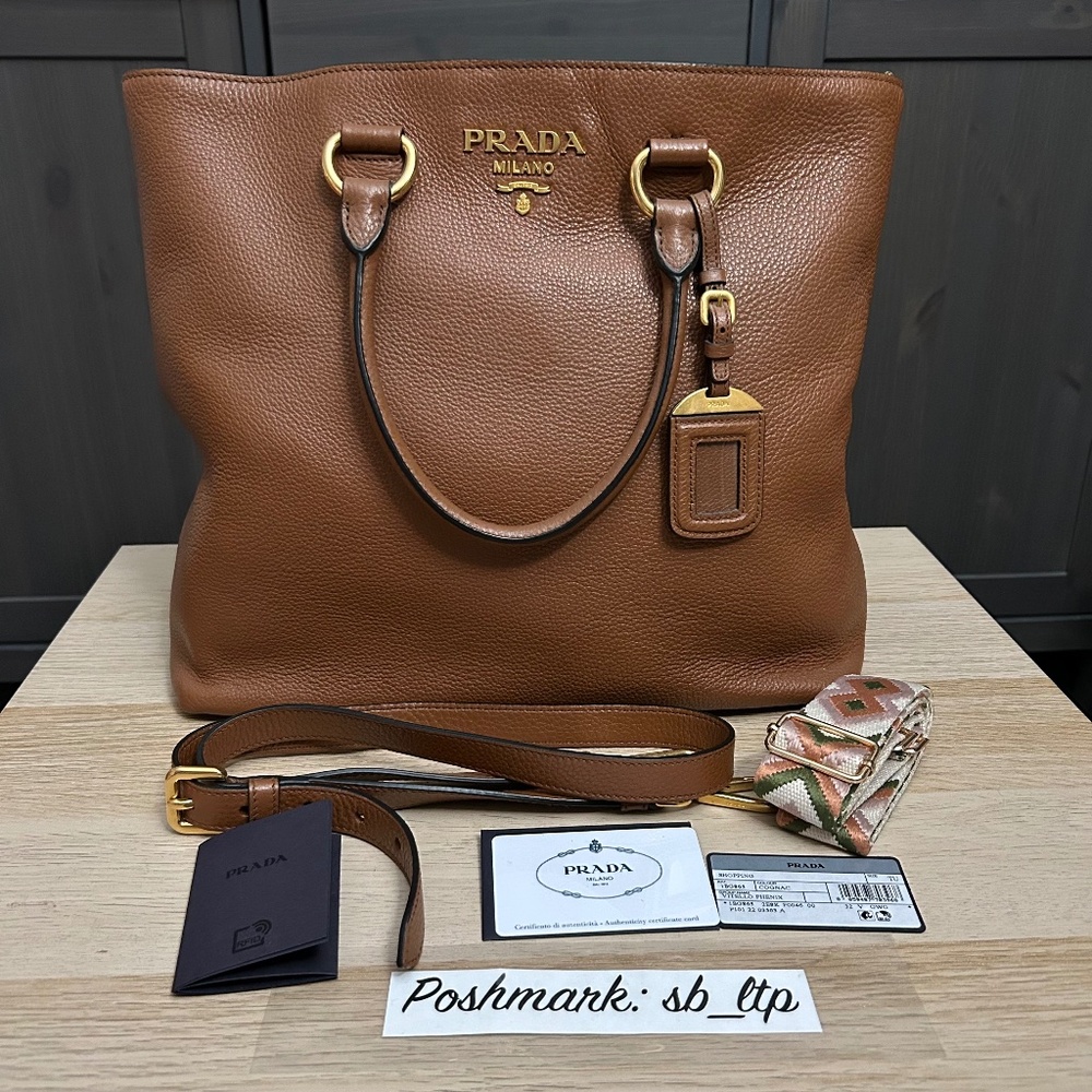Authentic Prada Vitello Phenix Cognac Large Tote Bag 1BG865